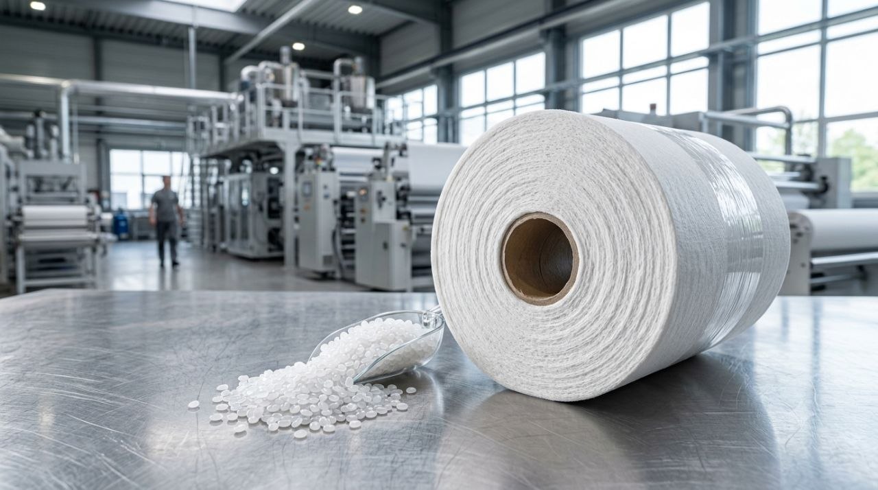 Weblog Premium polypropylene spunbond fabric roll with high-quality PP resin pellets in a modern nonwoven manufacturing facility