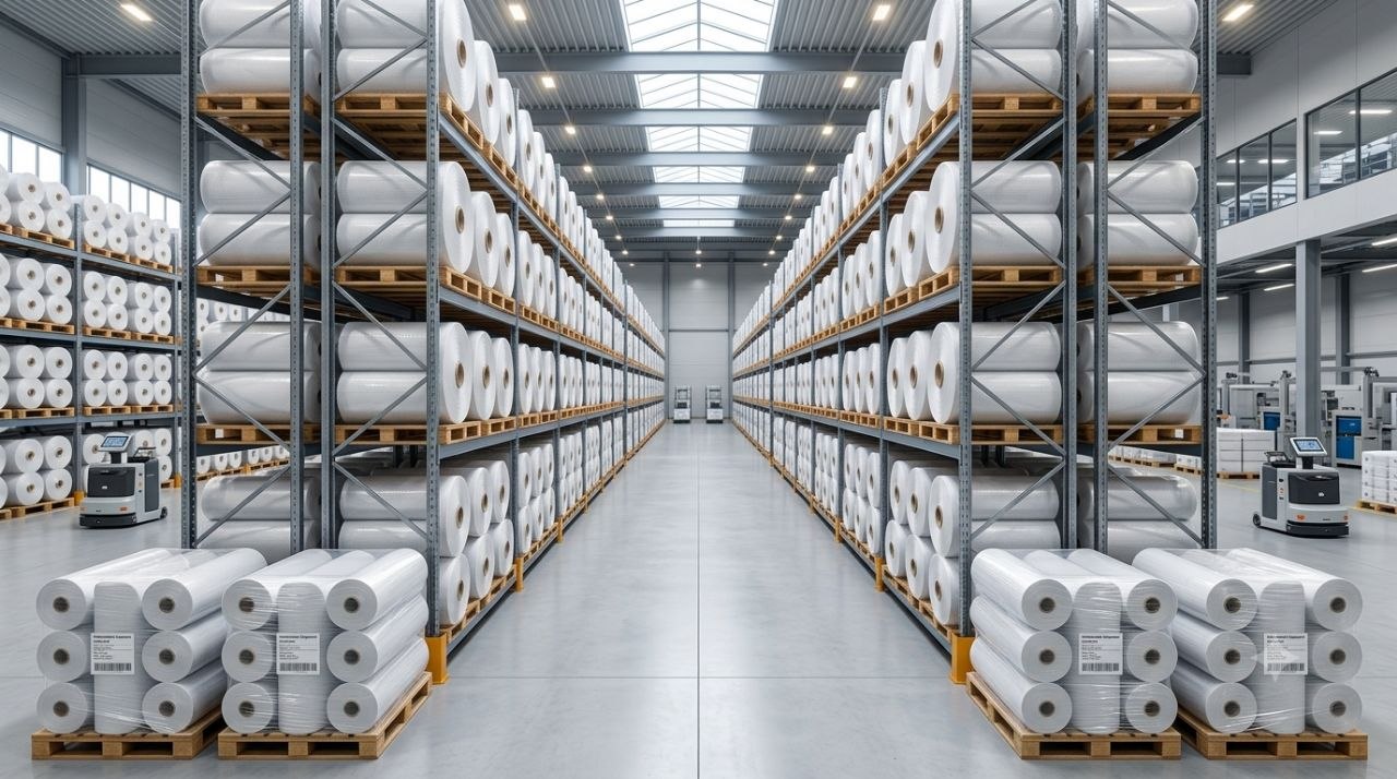 Export-ready polypropylene spunbond fabric rolls prepared for international shipment from a modern manufacturing facility