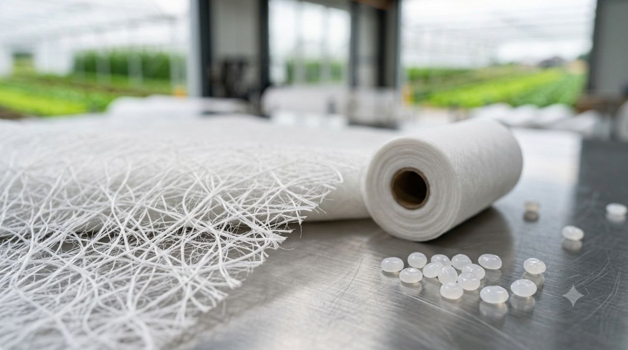 Close-up of agricultural spunbond fabric showing its breathable polypropylene nonwoven fibre structure.