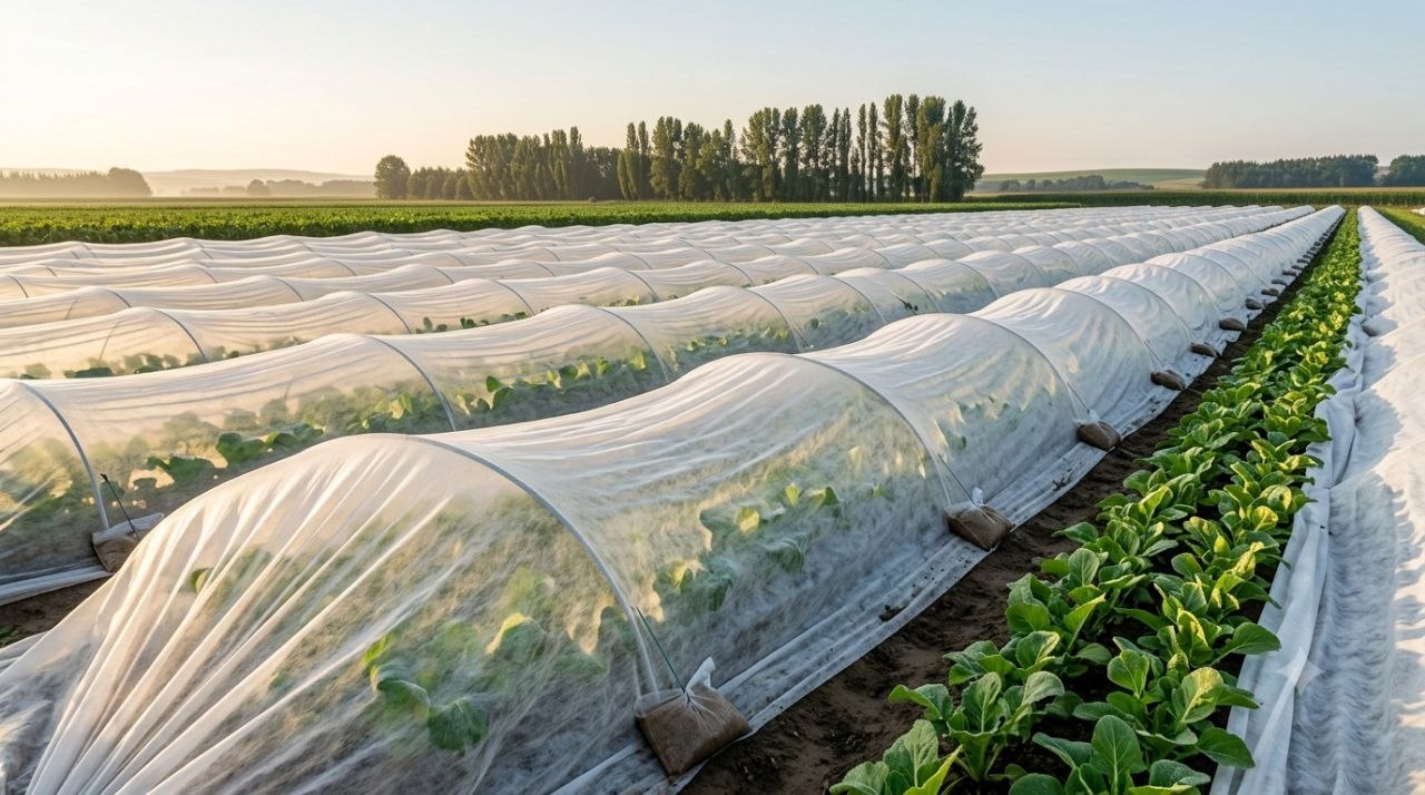 Agricultural spunbond fabric covering vegetable crops to protect against frost, wind, insects, and harsh weather.