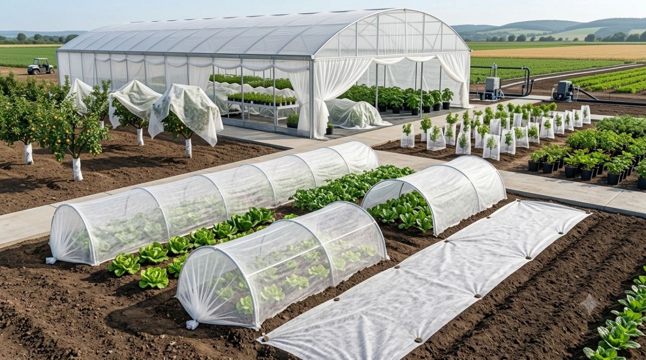 Agricultural spunbond fabric used for crop covers, greenhouses, nurseries, orchards, and landscaping projects.