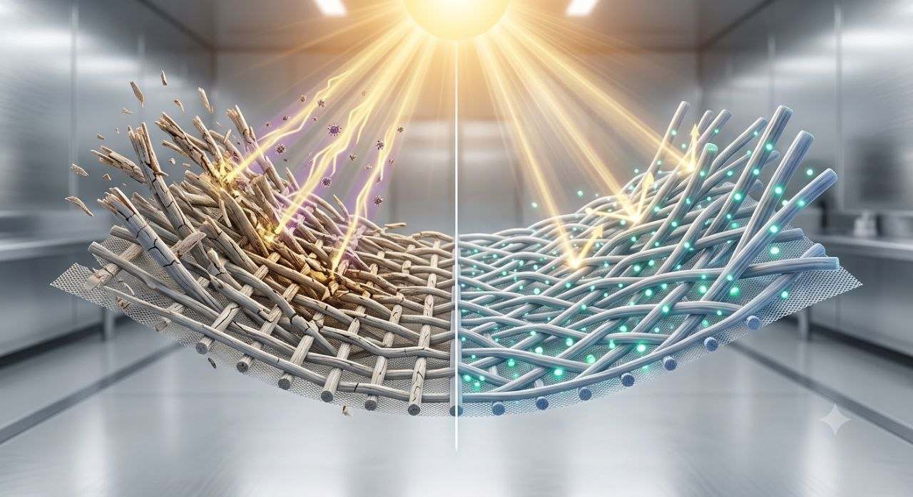 Weblog Illustration showing how UV stabilizers protect polypropylene spunbond fabric from sunlight degradation.