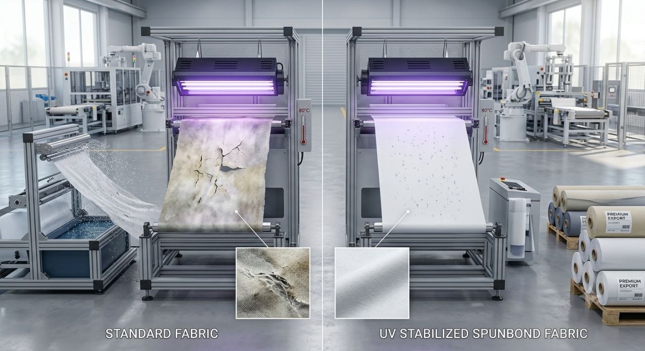 UV stabilized spunbond fabric providing long-term outdoor durability and weather resistance.